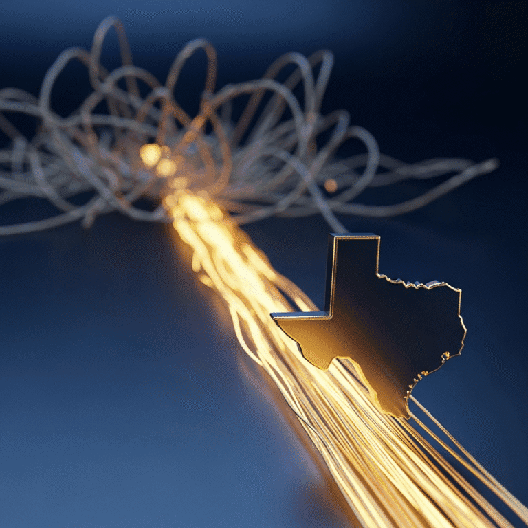 A 3D render showing a single, glowing golden data stream flowing directly to a map of Texas, symbolizing high-quality exclusive final expense leads.