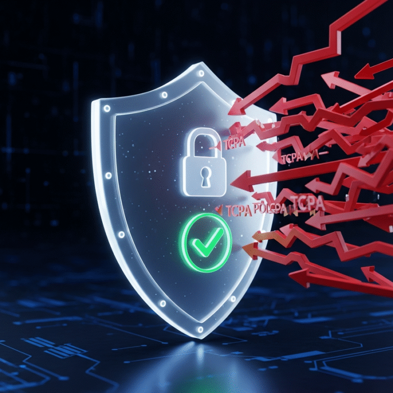 A digital shield glowing green, representing TCPA compliance and SMS verification, deflecting red arrows that symbolize legal lawsuits and protecting an insurance agency.