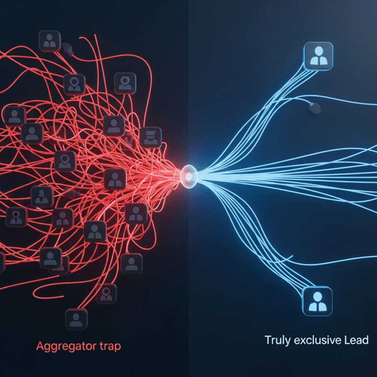 A 3D render comparing shared aggregator leads, shown as a tangled red mess, to exclusive Stallion Leads, shown as a clean, direct blue line to a single agent.