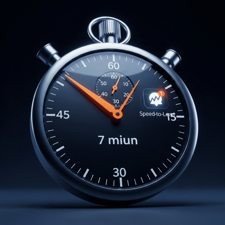 A sleek 3D stopwatch with a blurred hand, symbolizing the urgent 7-minute playbook for closing final expense leads.