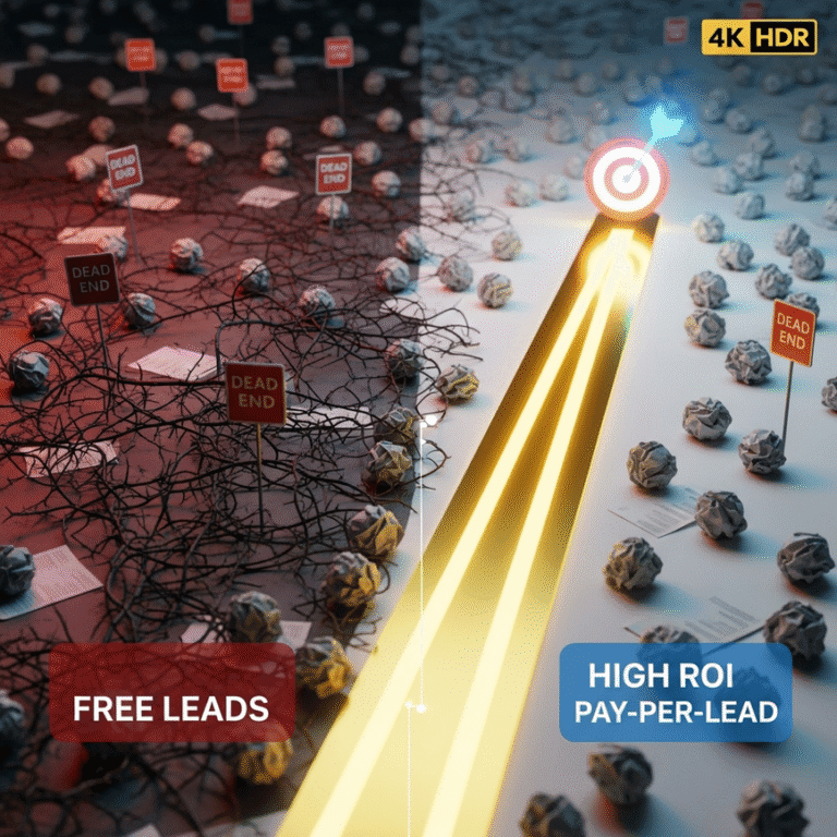 A split image contrasting the inefficiency of free leads, shown as a dark, tangled path, with the high ROI of paid leads, shown as a bright, direct golden path to a target.