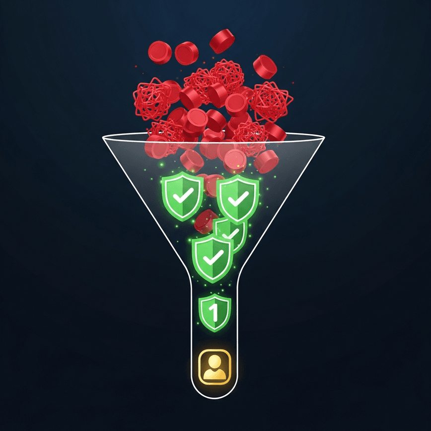 To visually explain the value of a verified, exclusive pay-per-lead system, showing how it filters chaos into a single, high-quality prospect.