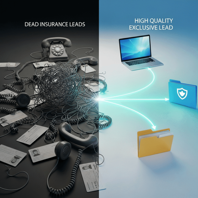 A split-screen image contrasting tangled, old phone cords on one side with a clean, direct digital path to a secure folder on the other, representing the difference between bad leads and exclusive life insurance leads.
