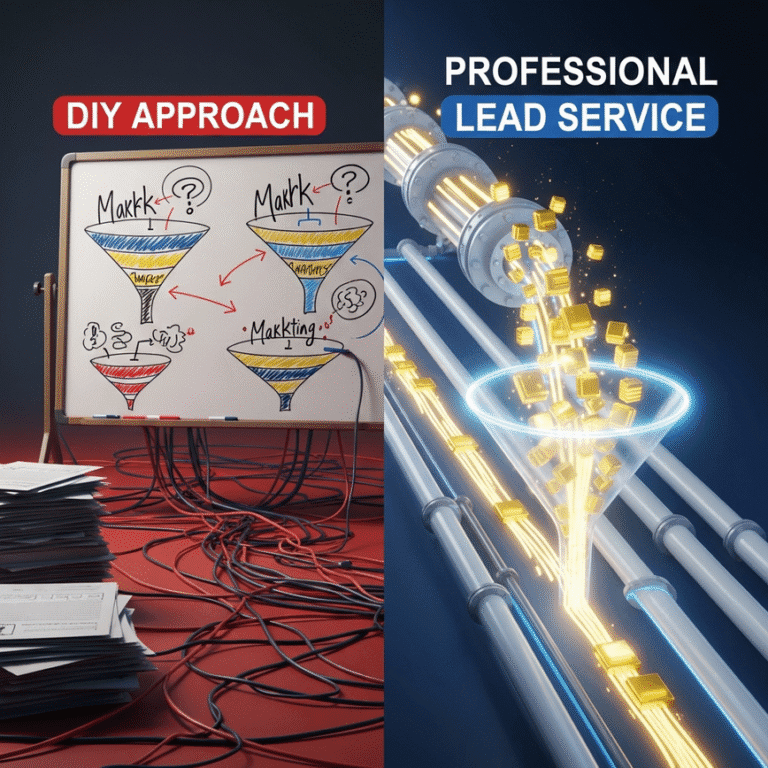 A split-screen image contrasting two methods for generating life insurance leads. The left side shows a chaotic, messy desk symbolizing the DIY approach, while the right side shows a clean, efficient data pipeline symbolizing a professional lead service.
