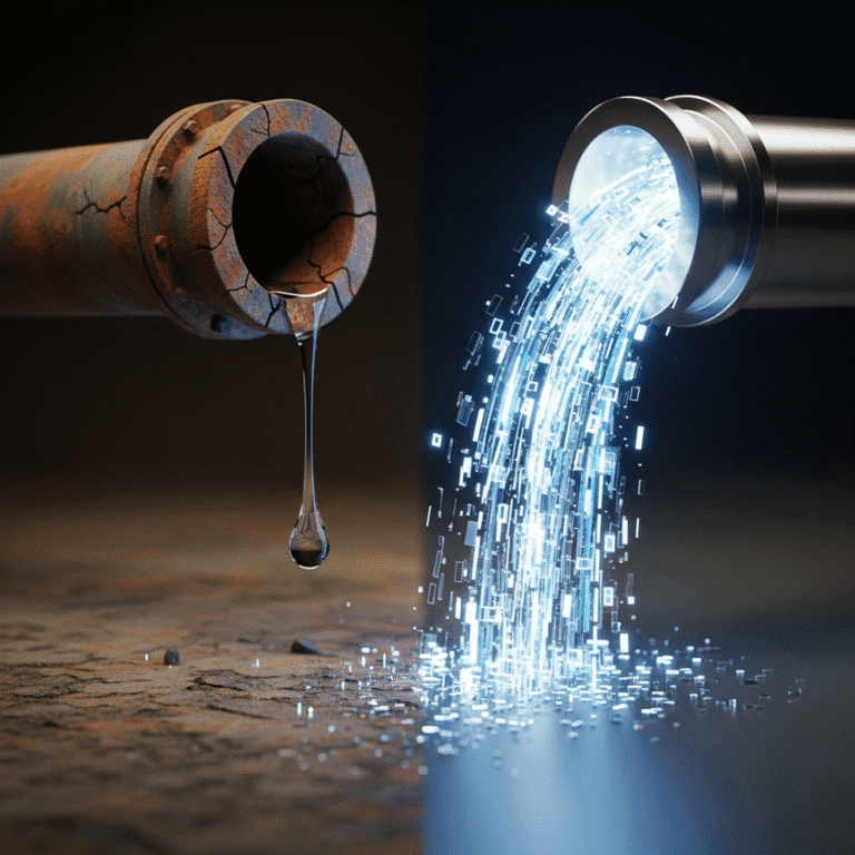 A conceptual 3D render contrasting a dry, rusty pipe with a modern pipe flowing with digital data, symbolizing the shift from an empty sales pipeline to one full of real-time leads.