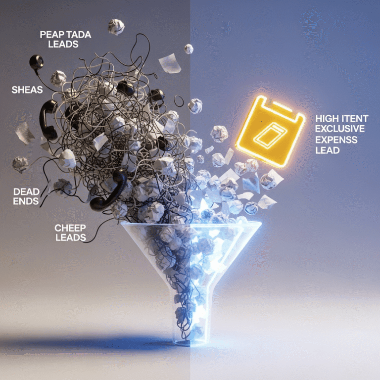 A conceptual 3D render showing a tangled mess of old phone cords being processed through a digital funnel and transformed into a single, perfect golden lead, symbolizing the guide to finding the best final expense leads.