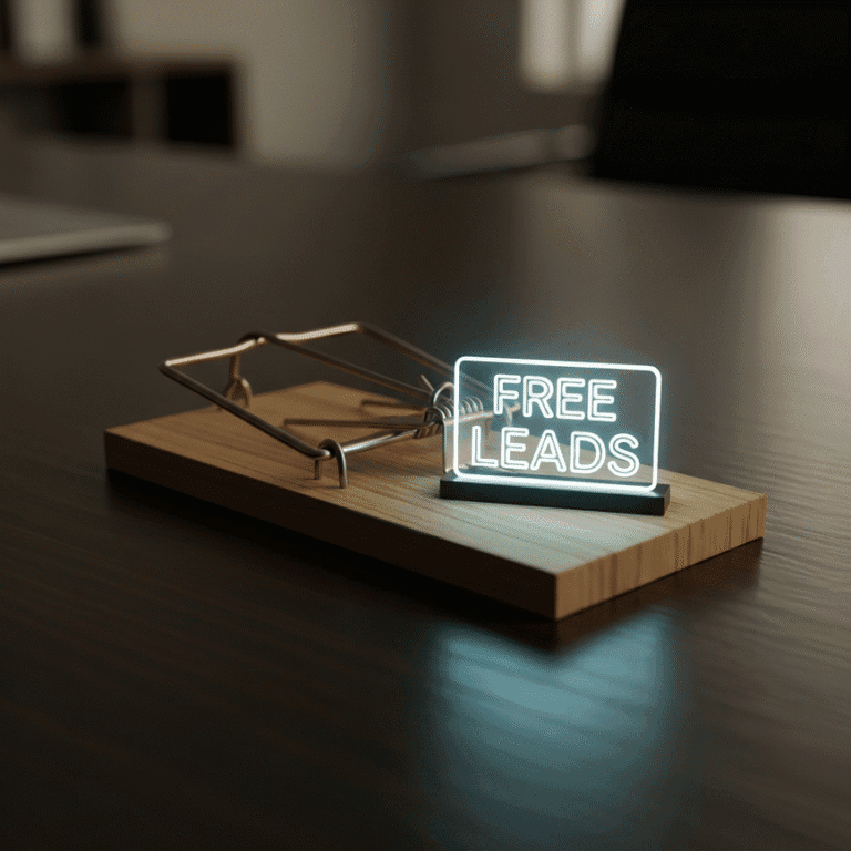 A professional studio photograph of a mousetrap baited with a glowing sign that says 'FREE LEADS', symbolizing the hidden costs and dangers of free final expense leads for insurance agents.