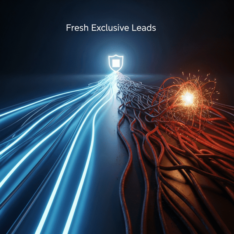 A conceptual 3D render contrasting a clean, direct data pipeline (exclusive leads) with a tangled, risky mess of wires (aged leads), illustrating the article's theme of TCPA compliance.