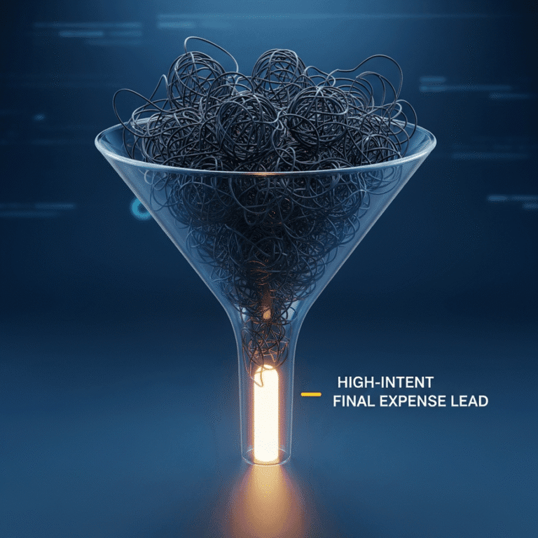 A 3D render of a funnel transforming messy, chaotic data streams into a single, high-quality final expense lead, symbolizing an efficient telesales process.