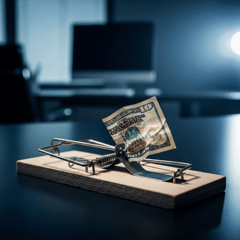A professional photo of a mousetrap on an office desk, baited with a ten-dollar bill, symbolizing the financial trap of buying cheap final expense leads.