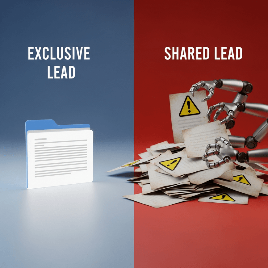 To visually contrast the chaotic, competitive nature of shared leads with the clean, efficient nature of exclusive leads.