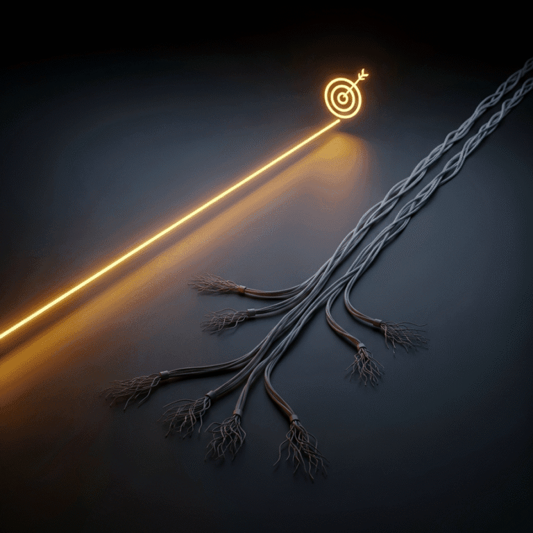 A 3D render contrasting a direct, golden pipeline leading to a target with a tangled, gray mess of wires, symbolizing the choice between a high-quality and a low-quality final expense lead provider.