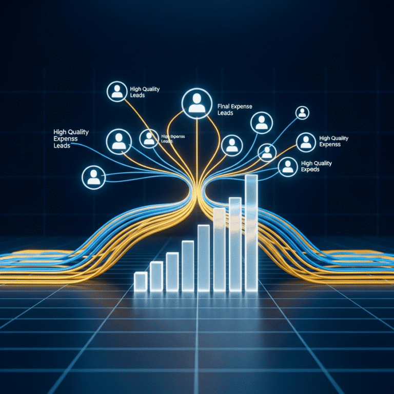 A 3D rendering symbolizing the cost and ROI of final expense leads, featuring a glowing bar chart with data streams connecting to abstract lead icons on a digital grid background.