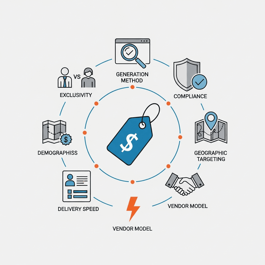 To create an infographic-style image that visually explains the primary factors influencing the price of final expense leads.