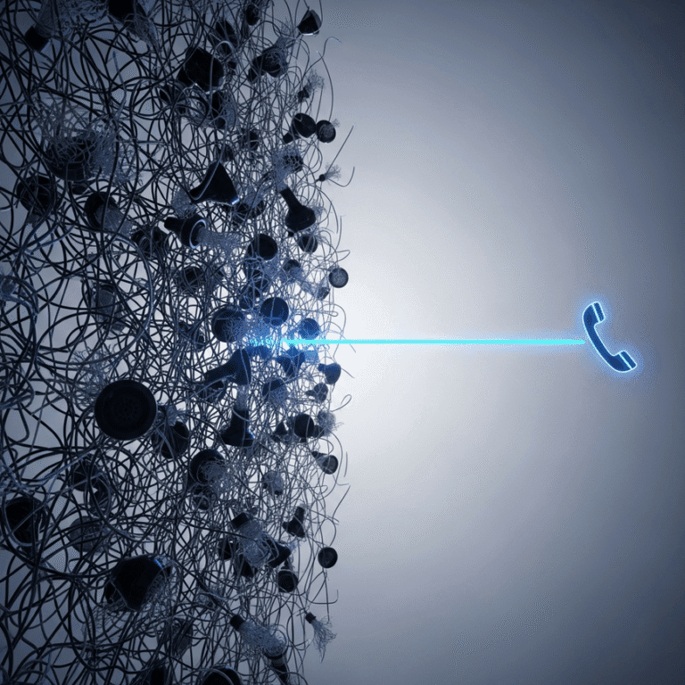 A conceptual 3D render showing the difference between tangled, old phone lines (shared leads) and a single, direct glowing line (exclusive final expense leads).