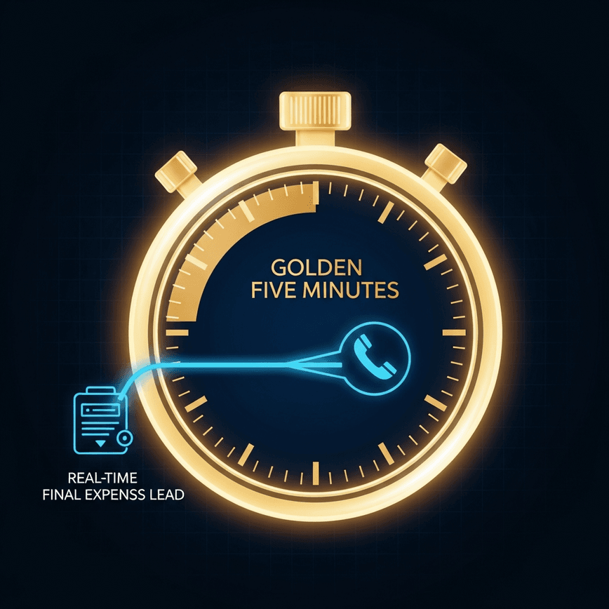 To visually represent the concept of 'real-time' leads and the 'Golden Five Minutes' for contacting a prospect, emphasizing speed and high intent.