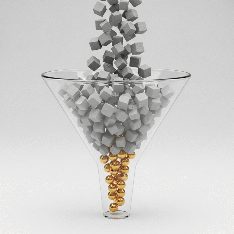 A 3D render illustrating the 80/20 rule with a funnel, filtering a mass of chaotic grey cubes into a small, valuable stream of golden spheres, symbolizing quality over quantity in life insurance leads.