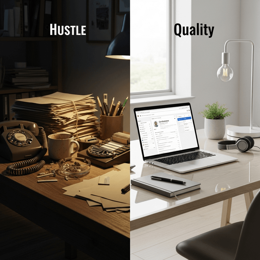 To visually contrast the two sales strategies discussed: the inefficient 'hustle' with low-quality leads versus the effective '80/20' strategy with high-quality leads.