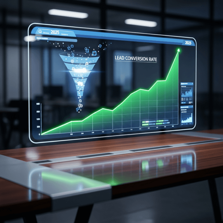 A futuristic holographic dashboard from 2025 showing a sharply rising line graph for 'Lead Conversion Rate,' symbolizing success in insurance sales benchmarks.
