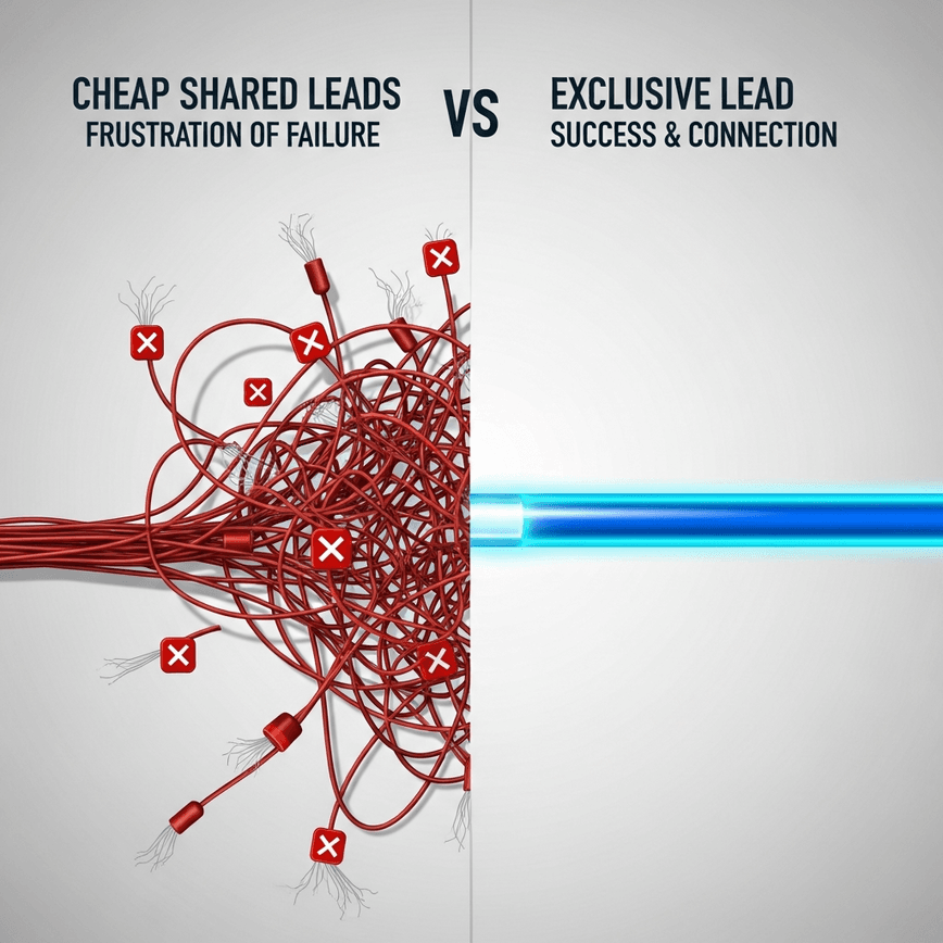 To illustrate the chaos and inefficiency of cheap, shared leads versus the clarity and success of a single, exclusive lead, as described in 'The Mathematics of Misery'.