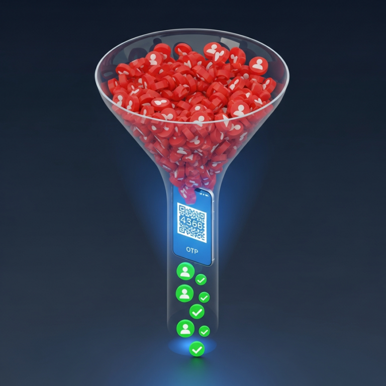 A 3D render of a data funnel illustrating the 80/20 rule, where a large amount of red, low-quality data enters the top and a small stream of green, high-quality prospects emerges from the bottom after passing through an SMS OTP verification filter.