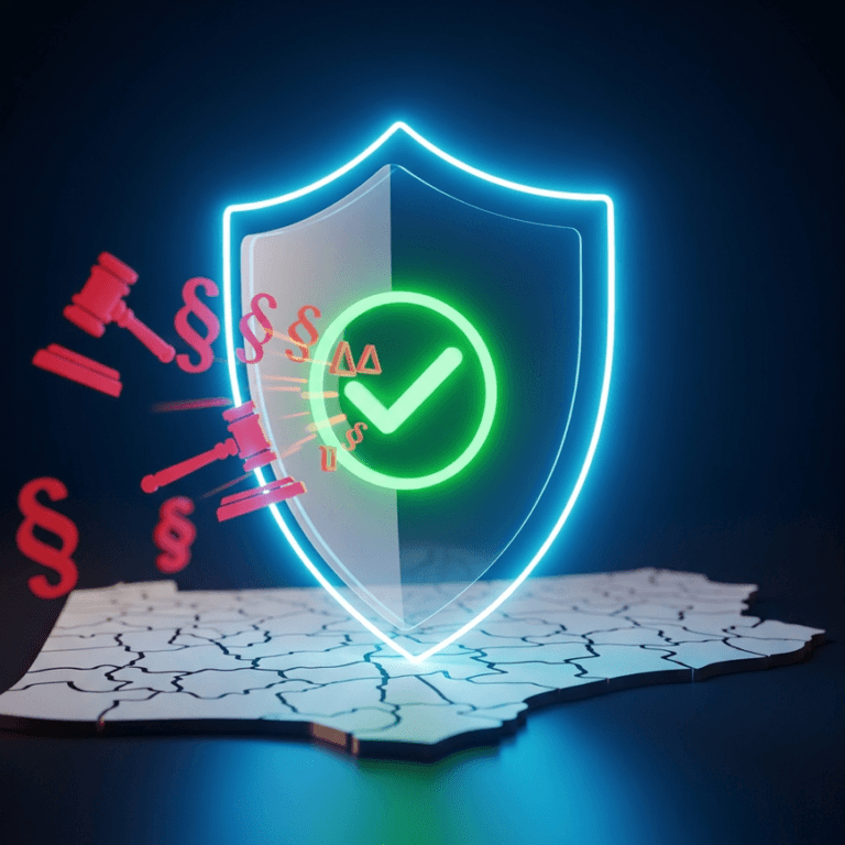 A digital shield with a green checkmark protects an insurance agent from legal threats, symbolizing compliance with Pennsylvania lead generation laws.