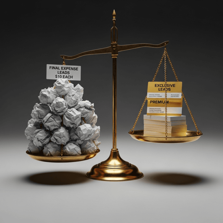A 3D render of a balance scale comparing cheap vs. exclusive leads. A huge pile of cheap paper is outweighed by a small stack of premium cards, illustrating the superior ROI of quality over quantity.
